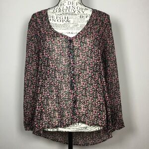 Vee neck pink flowers print sheer black button down pleat detail blouse sz S
